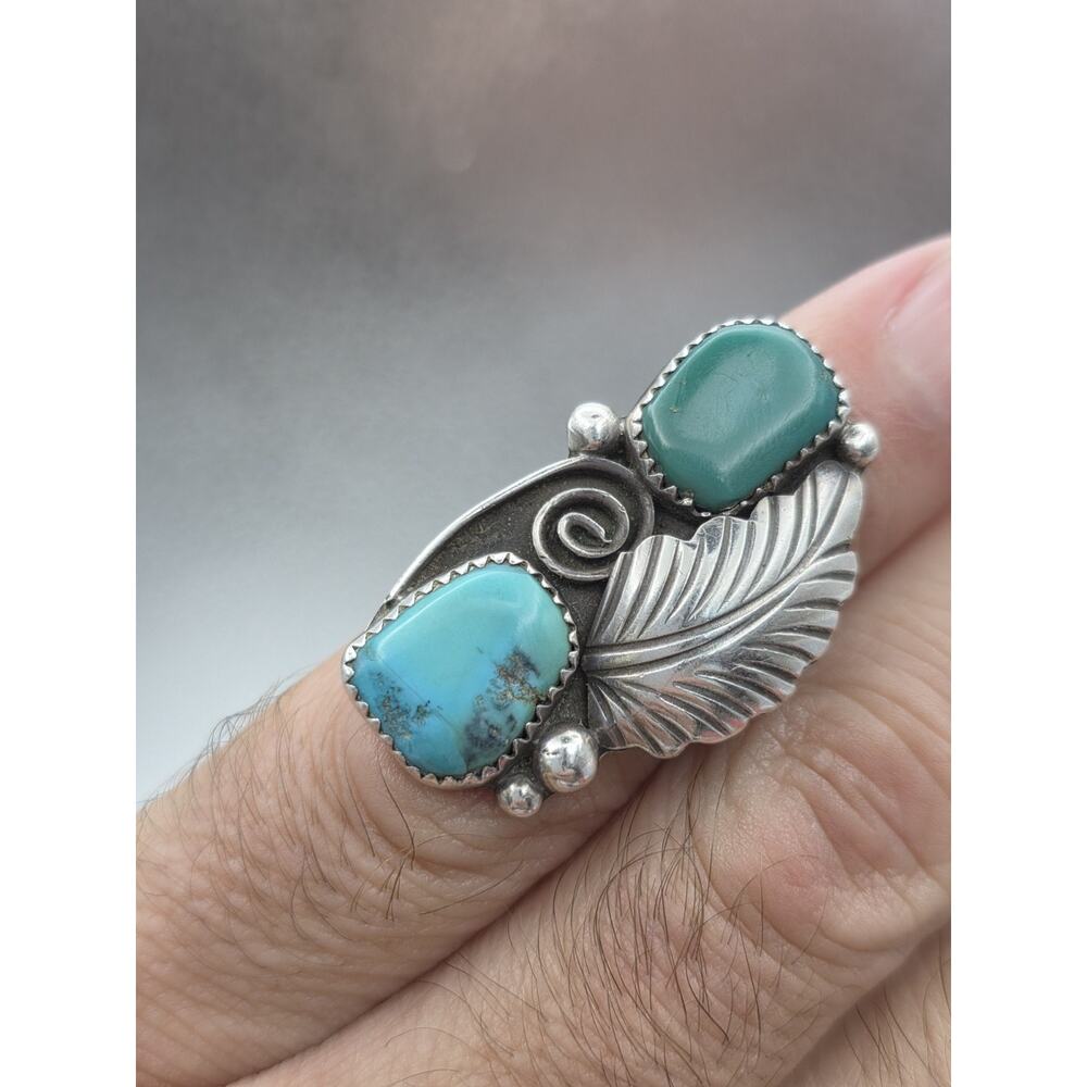 VINTAGE PM STERLING SILVER NATIVE AMERICAN TURQUOISE RING SIZE 6.75